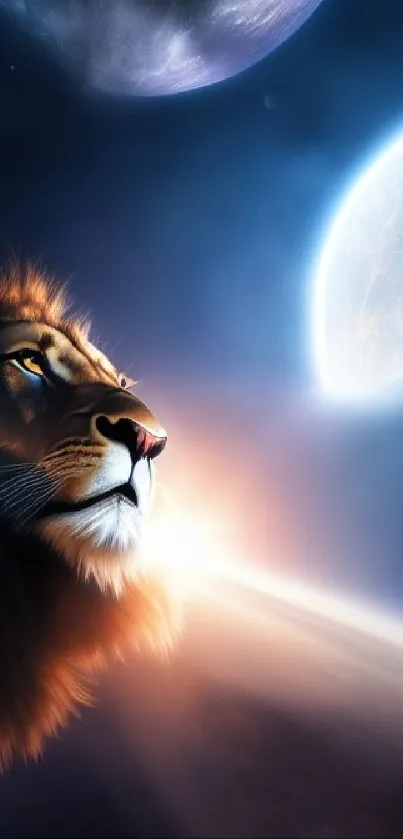 Majestic lion with cosmic background and planets.