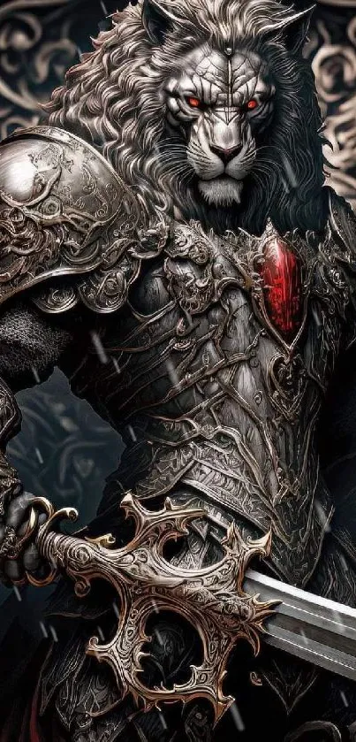 Epic lion knight in armor with sword, dark fantasy theme.