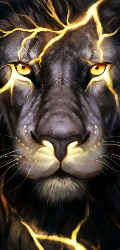 Epic lion with glowing eyes on dark background.