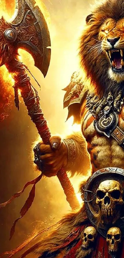 Fierce lion warrior with flaming axe in epic fantasy scene.