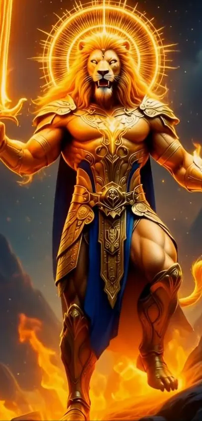 Epic lion warrior in golden armor with a fiery background.