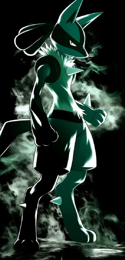 Silhouette of Lucario in a dynamic pose with teal and black tones.