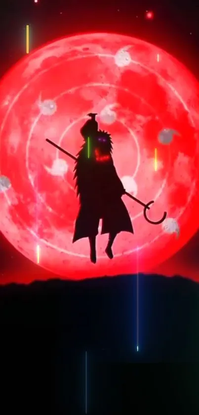 Anime warrior silhouette in front of a vivid red moon.