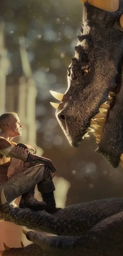 A man faces a large dragon in a fantasy setting.