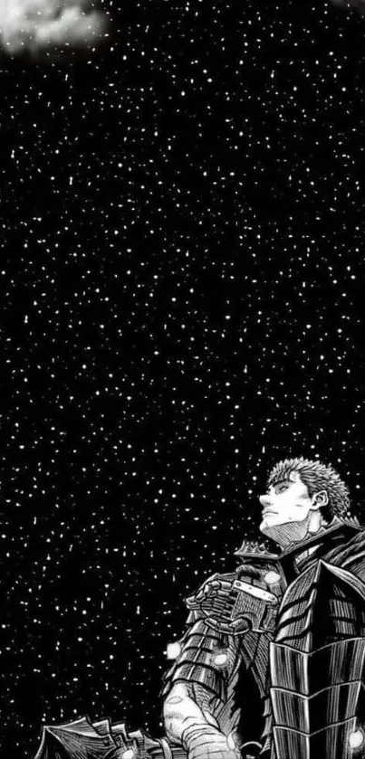 Epic manga scene with lone warrior under a starry night sky.