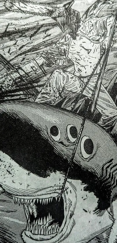 Epic black and white manga scene with a character riding a shark.