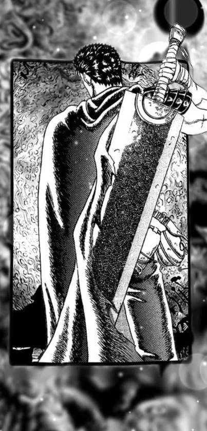 Black and white manga warrior with sword, epic phone wallpaper.