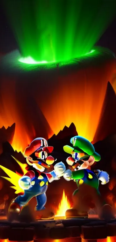 Epic fiery showdown of Mario and Luigi on a vibrant wallpaper.