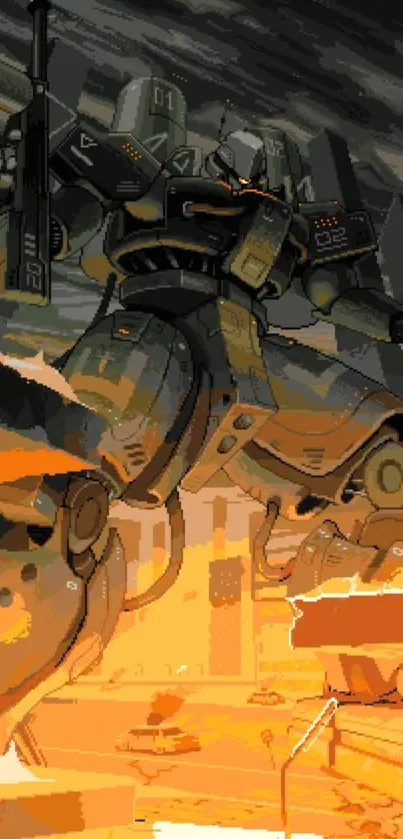 Epic mech artwork with fiery background.