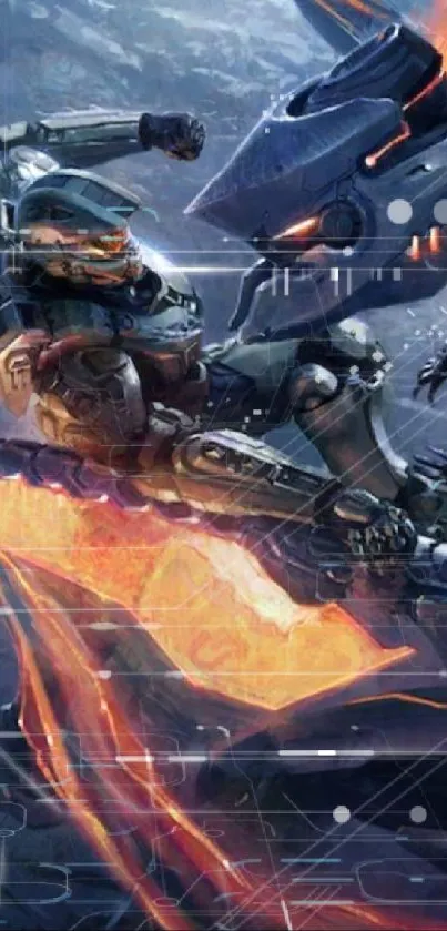 Epic mech fighting scene with fiery sword on blue-gray background.