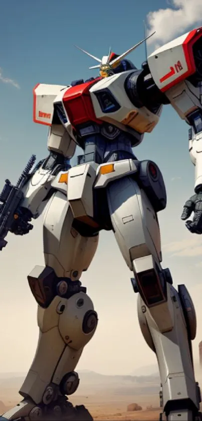 Epic mech standing in a vast desert landscape with a clear blue sky.