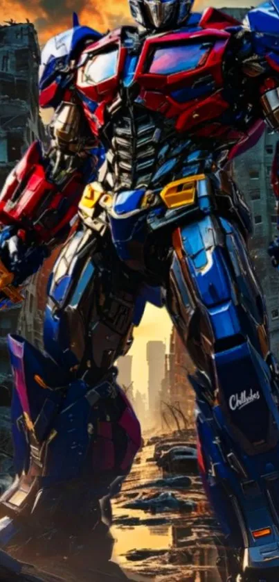 Futuristic robot in a dystopian city.