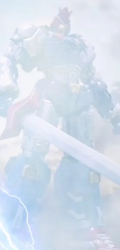 Epic mech warrior with sword in misty background.