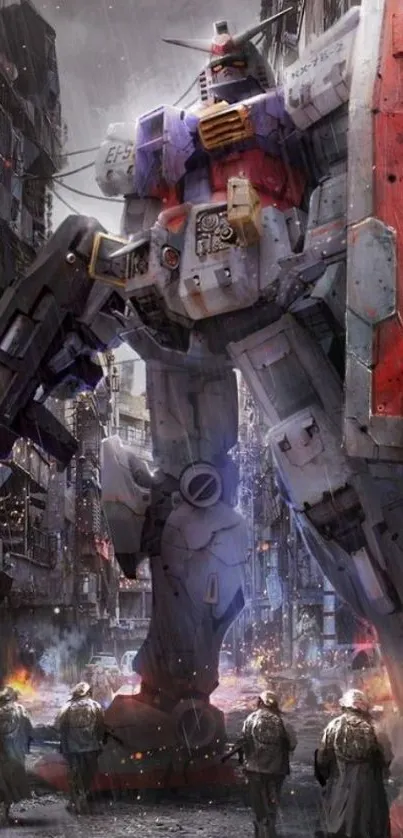 Colossal mecha in war-torn cityscape.