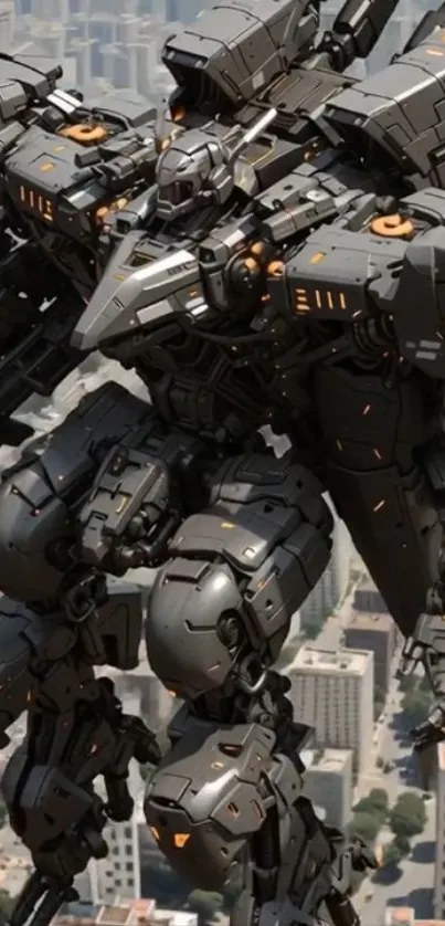 Epic mecha robot towering over a cityscape.