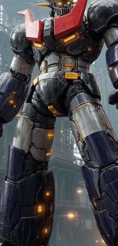 A colossal mecha robot in an industrial setting.