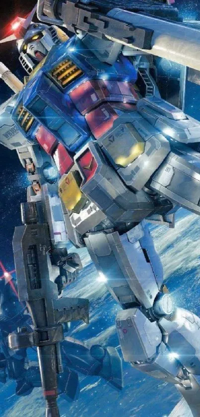 Futuristic mecha robot in space with vibrant colors and dynamic action.