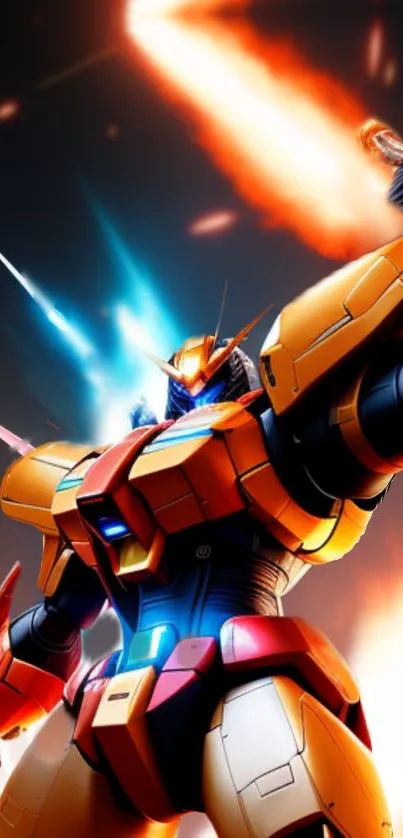 Epic mecha warrior in vibrant action scene.