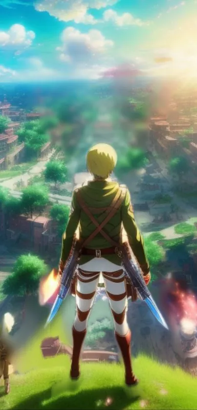 Hero overlooks a lush landscape with sunrise.