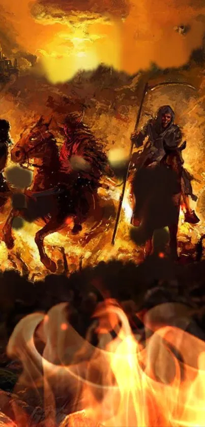 Epic medieval battle scene with warriors and fiery background.