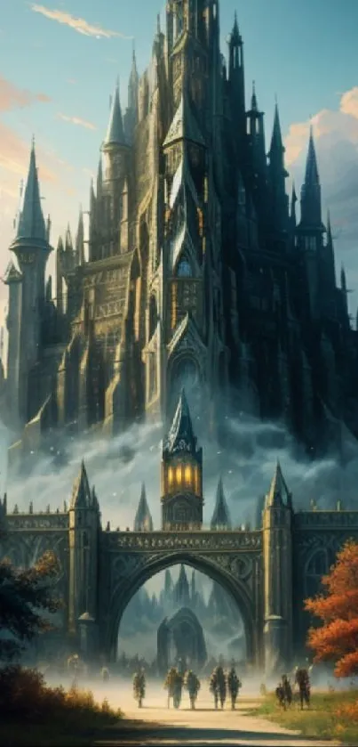 Epic medieval castle with mystical spires and misty ambience in a fantasy landscape.