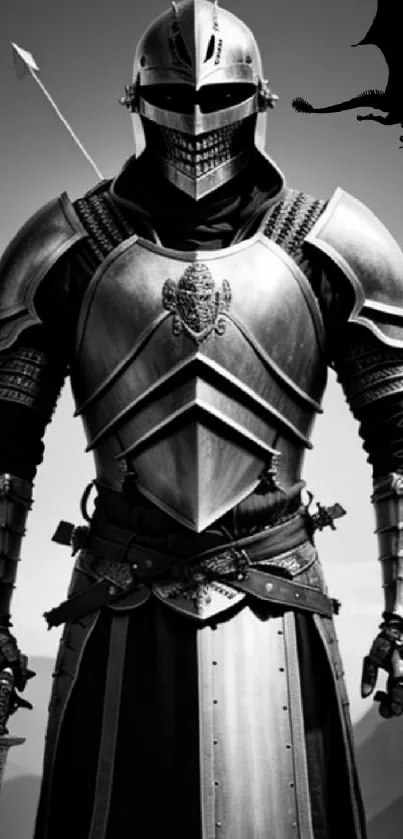 Medieval knight in armor with dragon silhouette, epic mobile wallpaper.