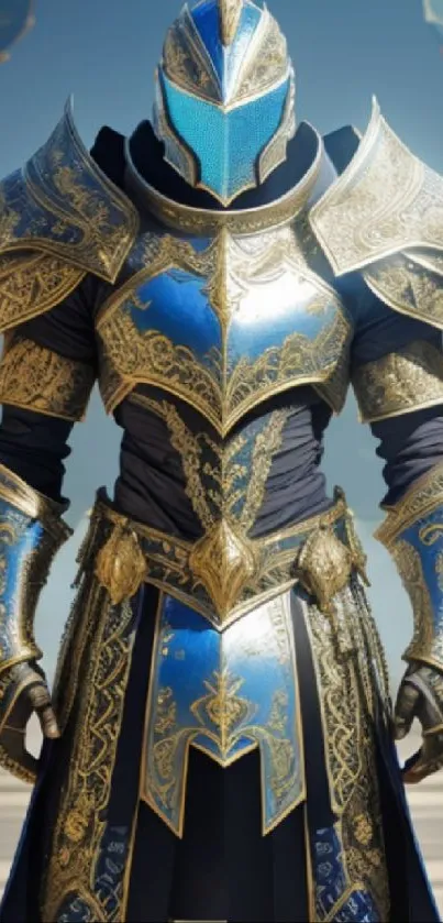 Epic knight in gold and blue armor, perfect for fantasy mobile wallpaper.