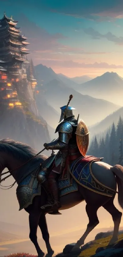 Medieval knight on horseback with mountain castle in the background at sunset.