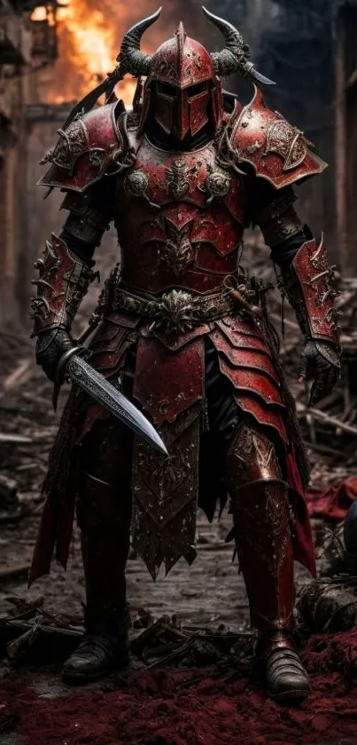 Epic medieval warrior in red armor with a fiery backdrop.