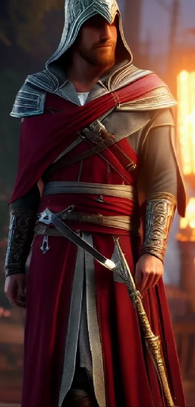 Medieval warrior in a red cloak with detailed armor.