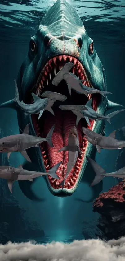 Megalodon with sharks in deep ocean wallpaper.