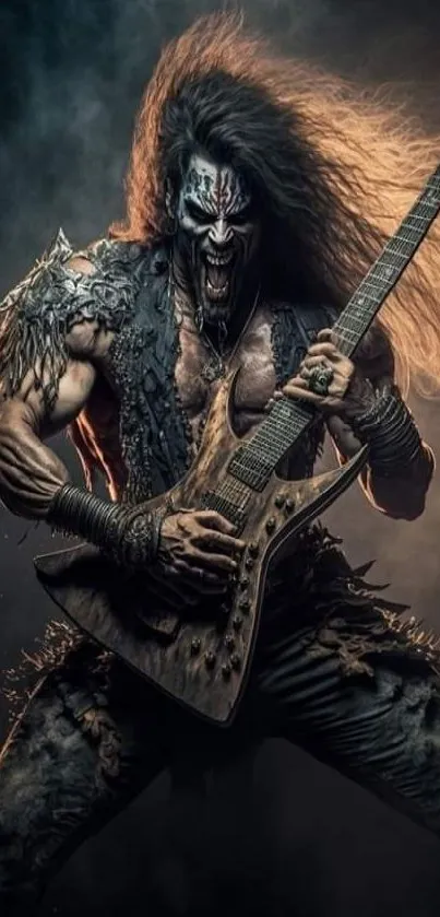 Dynamic metal guitarist with electric guitar in a dark, intense performance setting.