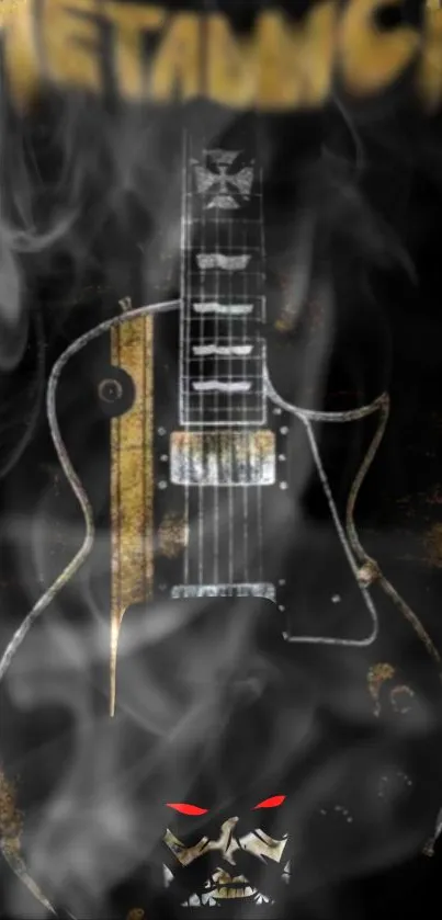 A smoky electric guitar with a metallic theme in black and gold tones.