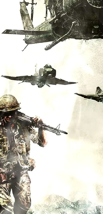 Military wallpaper with helicopters and soldier in dramatic scene.