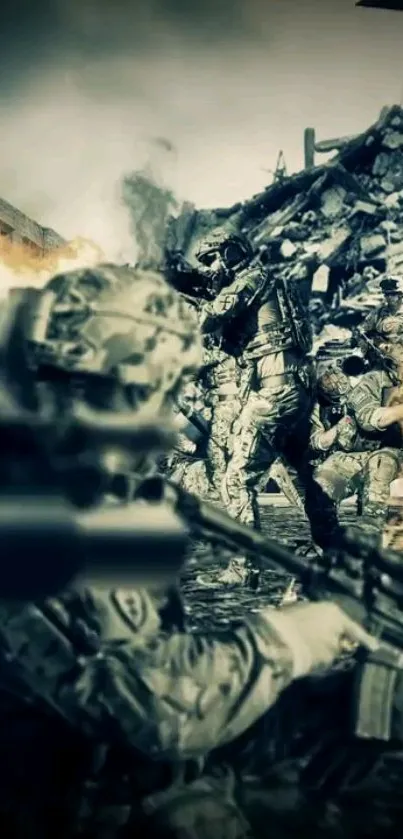 Military soldiers in intense battlefield action scene.