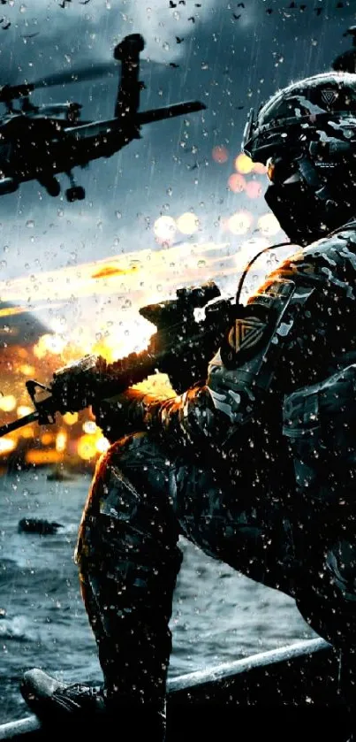 Soldier in action with helicopter and explosions in dramatic scene.