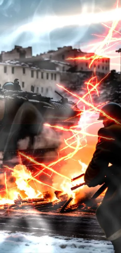 Soldiers and tank in fiery urban battle scene.