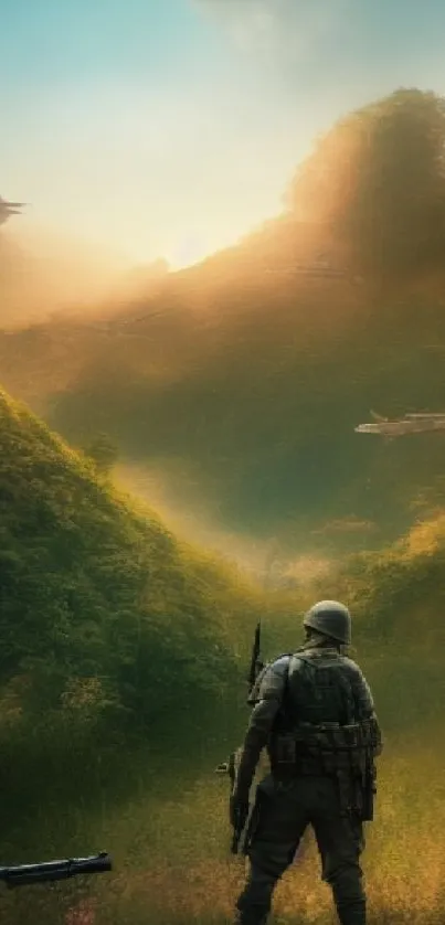 Epic military wallpaper with soldiers in a lush valley setting.