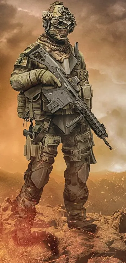 Epic soldier standing on rocky terrain with dramatic sky background.