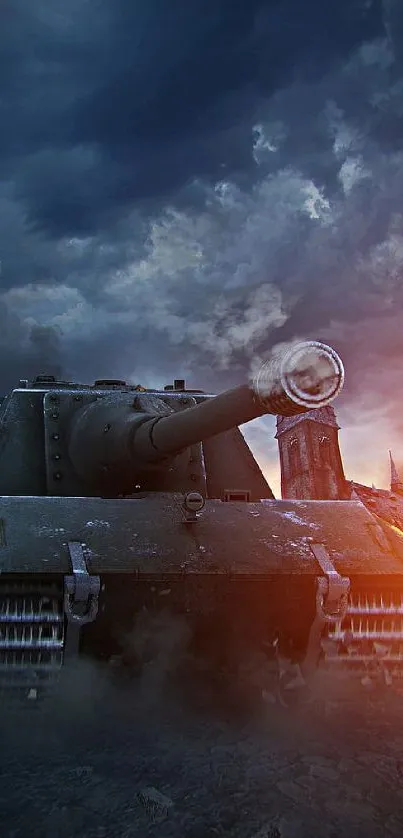 Epic tank in battlefield at sunset, under stormy clouds.