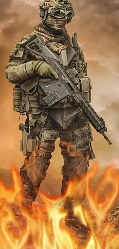 Epic military warrior stands on rocky battlefield with fiery backdrop.