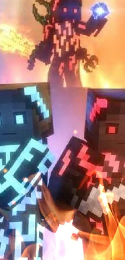 Minecraft characters in fiery and icy setting.