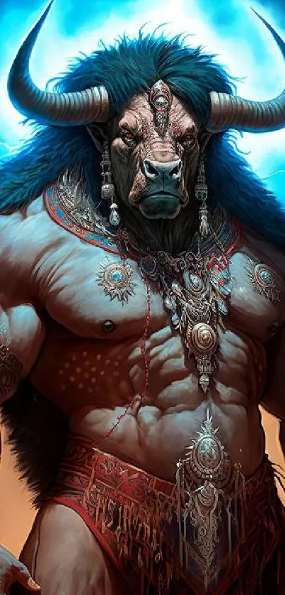 Epic minotaur warrior with blue lightning in fantasy art.