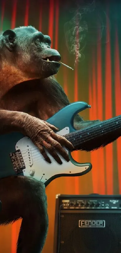 Monkey playing electric guitar on stage with colorful lights.