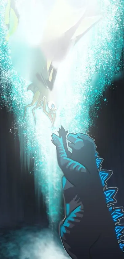 Epic monster battle with glowing aqua effects.