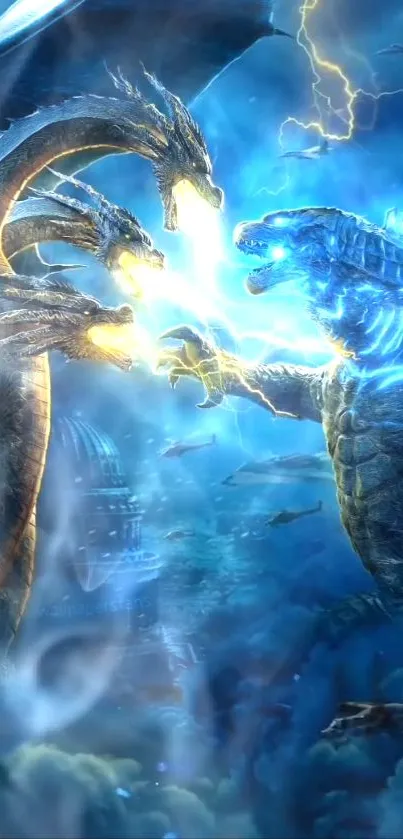 Epic clash of legendary monsters in electrifying battle scene wallpaper.