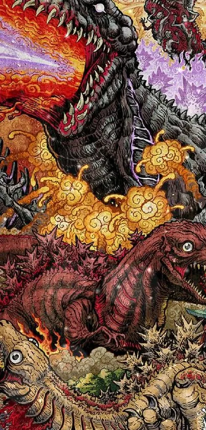 Epic illustrated battle scene with colorful monsters in action.