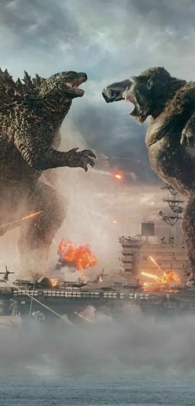 Epic monster battle scene with two giant creatures fighting at sea.