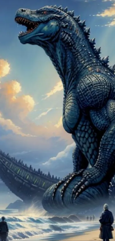 Massive dinosaur by the ocean shore with a dramatic sky.