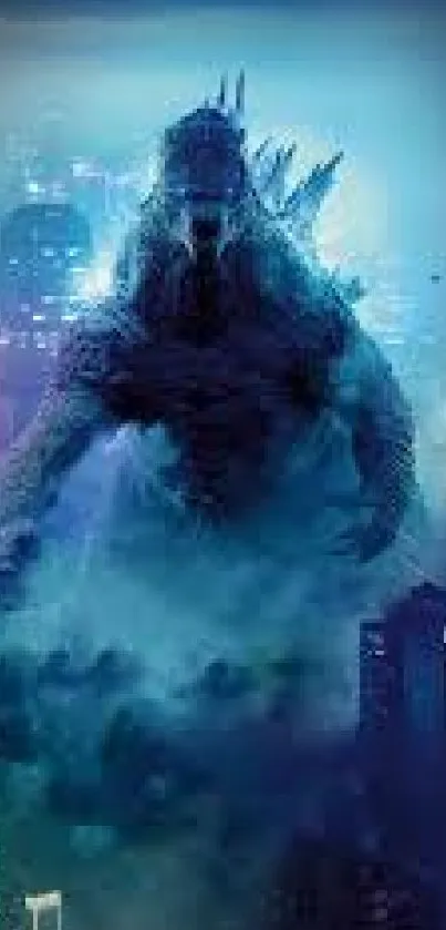 Epic wallpaper of a giant monster in a neon-lit cityscape at night.